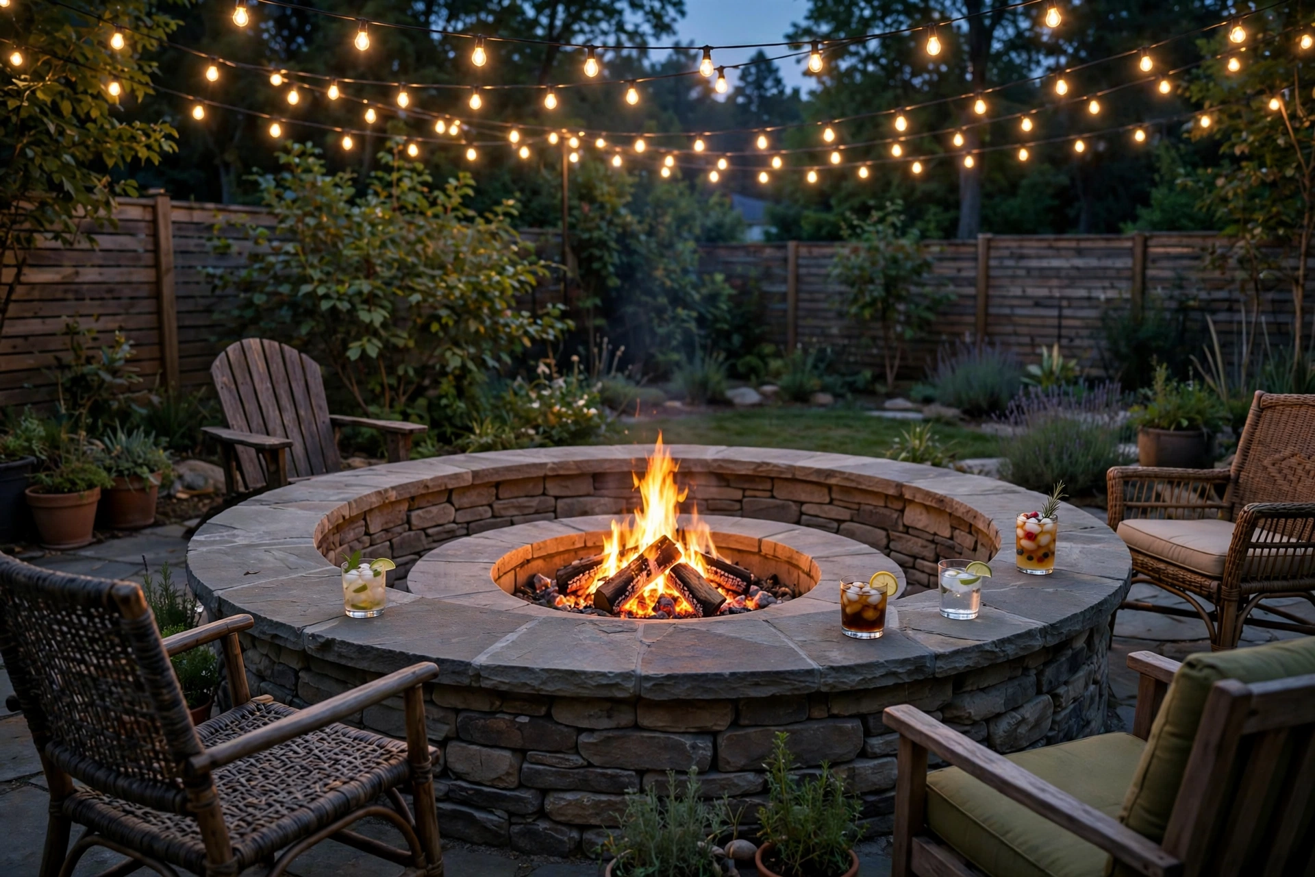 Stone fire pit with a bar-height ledge ring and chairs around it at dusk