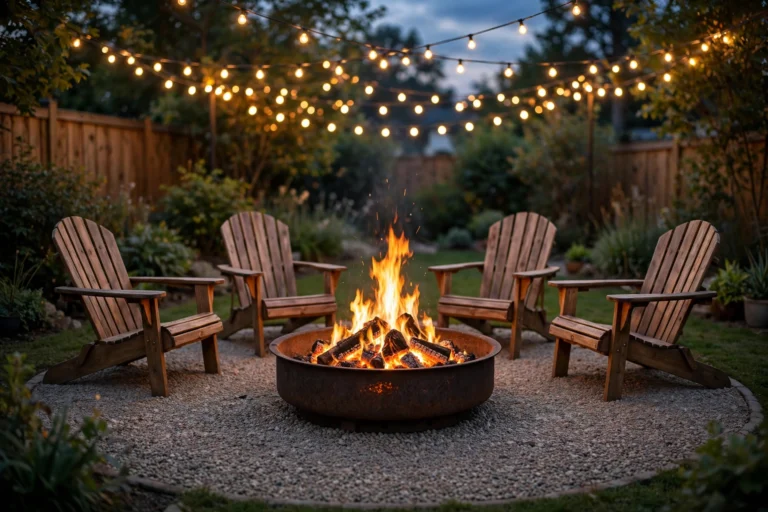 Fire pit seating area ideas: Adirondack chairs circled around a glowing fire pit at dusk