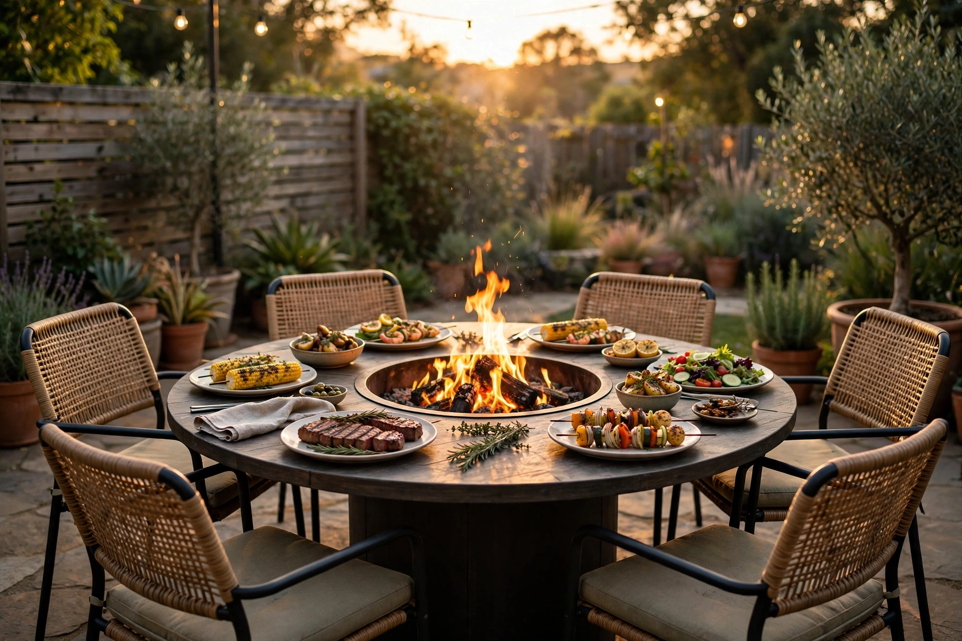 Fire pit dining table with grill center and food surrounded by outdoor dining chairs