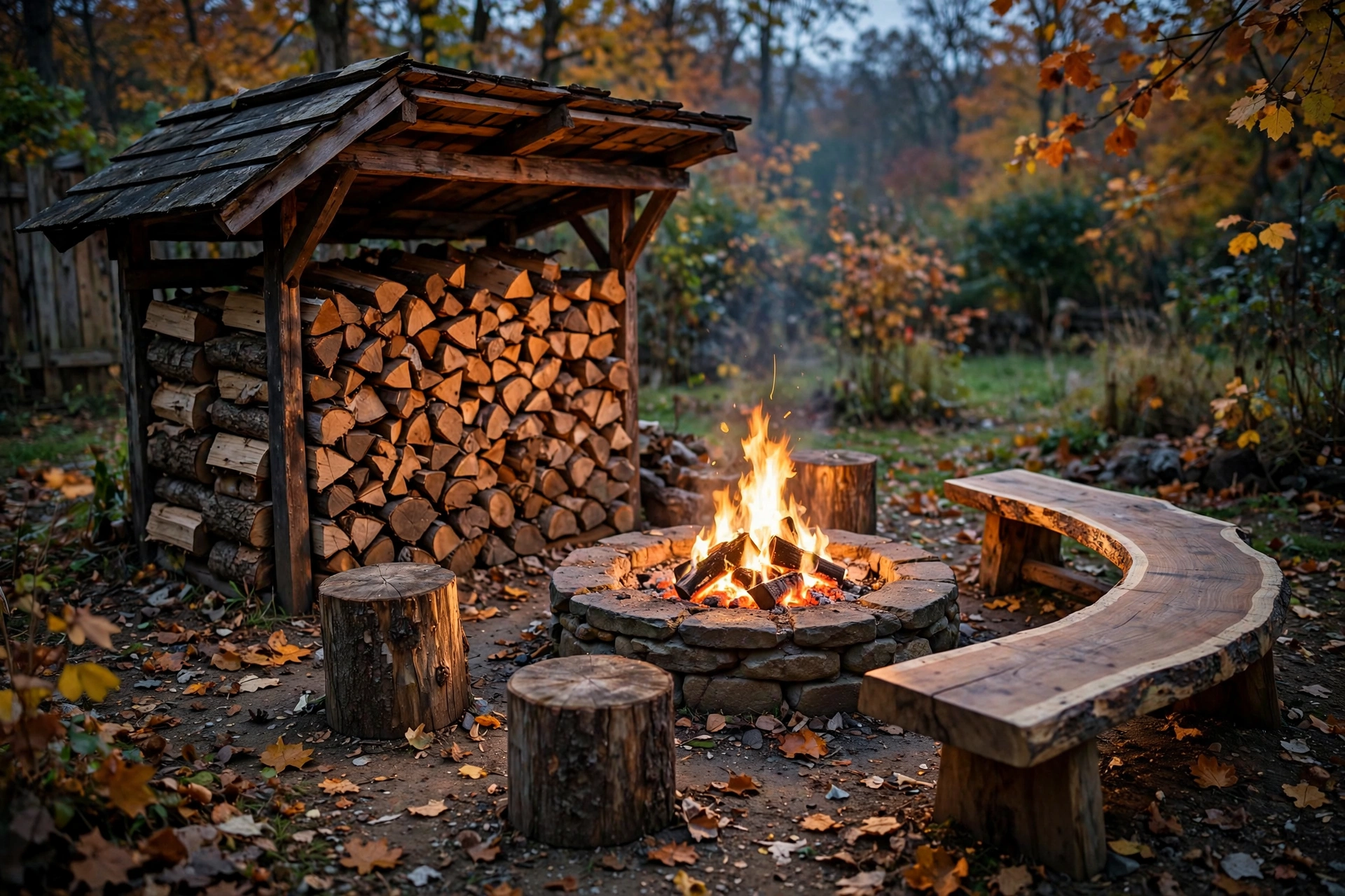 Rustic fire pit seating area with stacked firewood storage wall and log stools