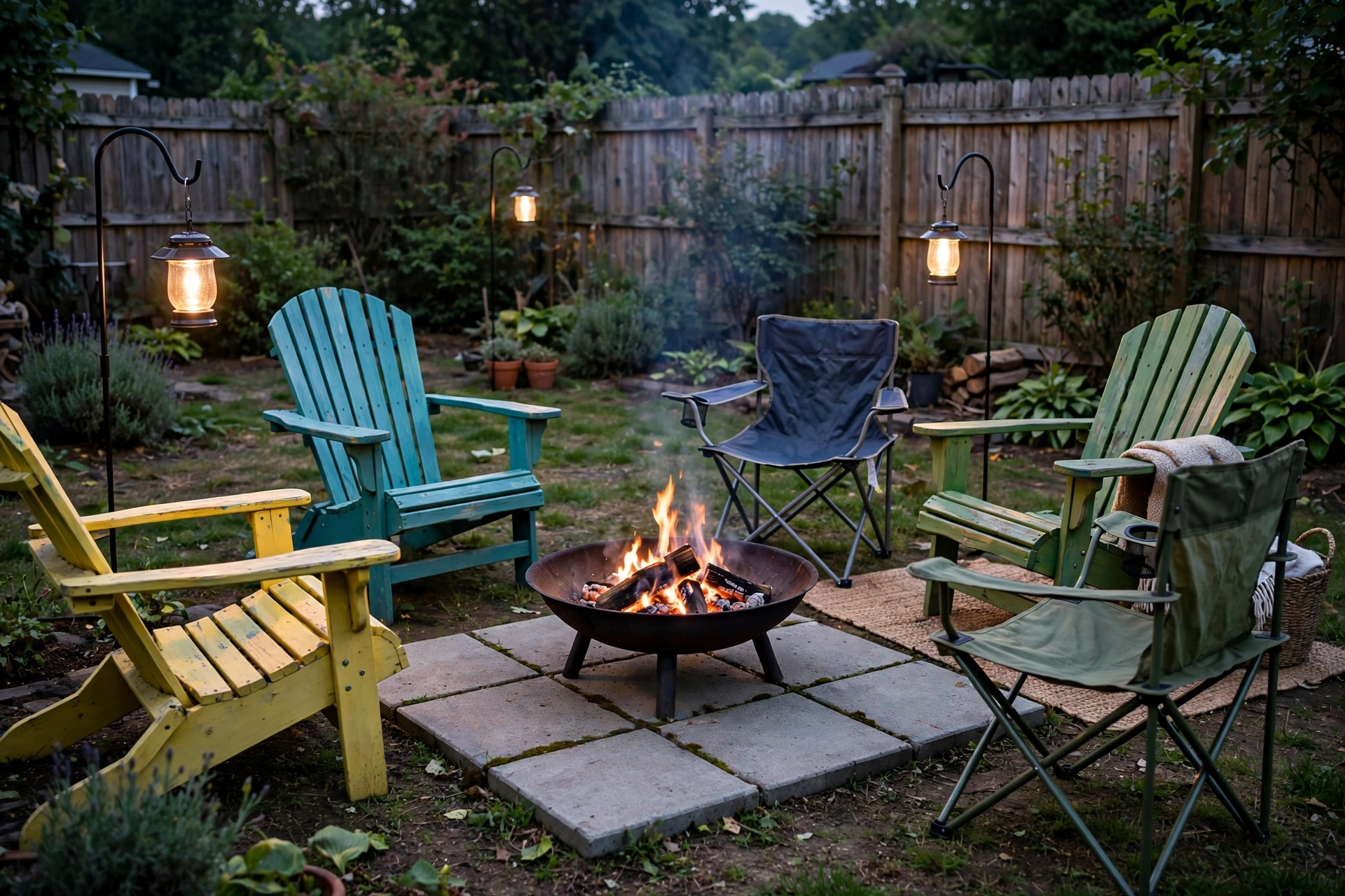 Budget fire pit seating area ideas: steel fire bowl on a paver pad with painted chairs