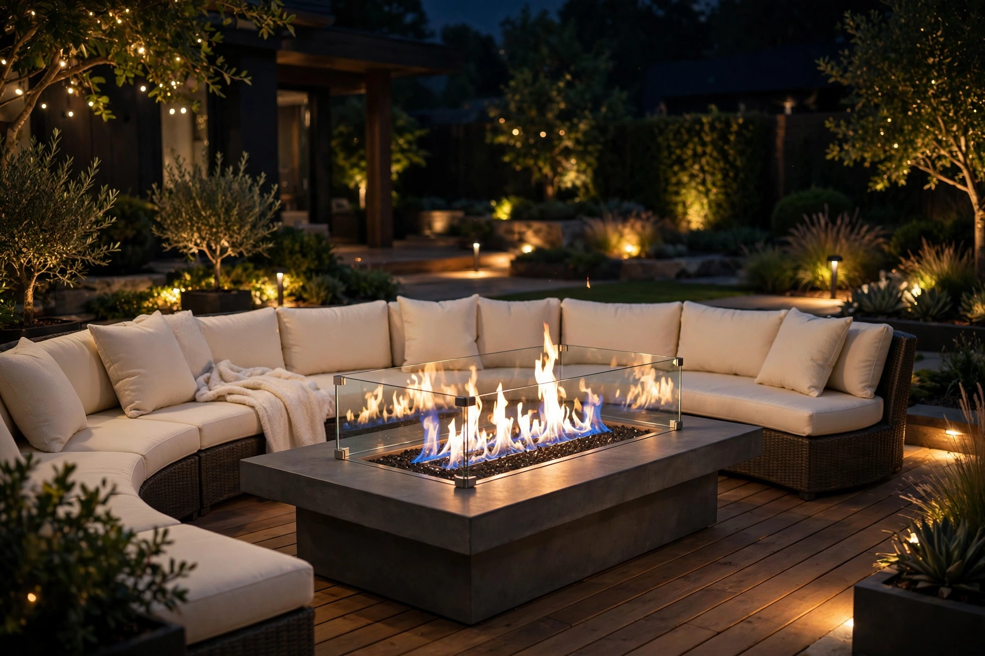 Propane fire pit table with curved outdoor sectional sofa on a wooden deck at night