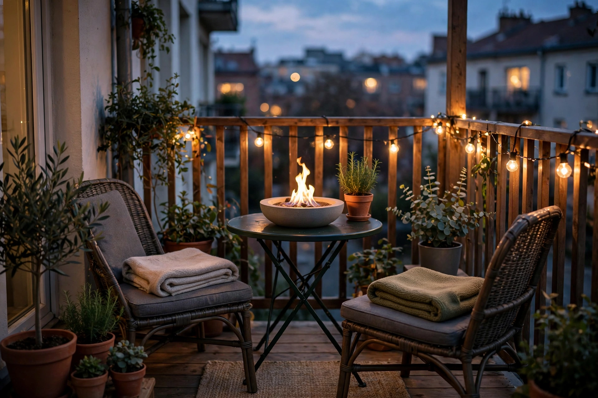 Small patio fire pit seating area with a tabletop fire bowl on a bistro table