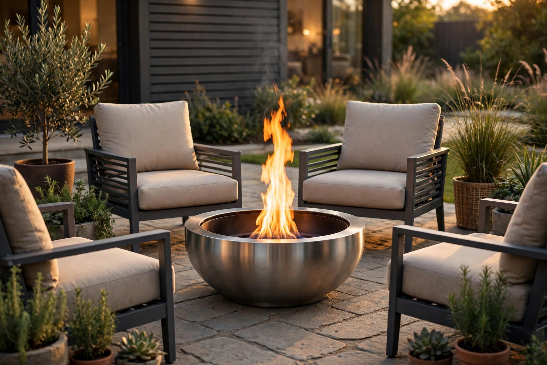 Smokeless fire pit bowl with deep-seat cushioned patio chairs on a stone patio