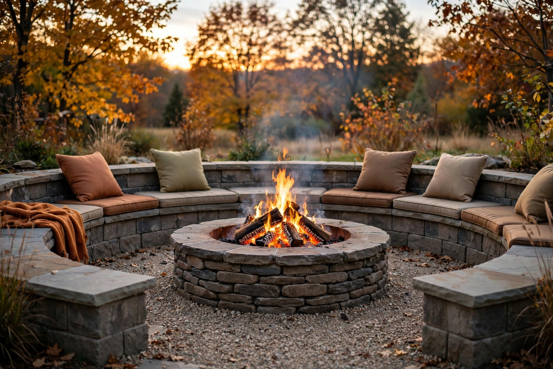 Stone fire pit kit with built-in block benches arranged in a backyard circle