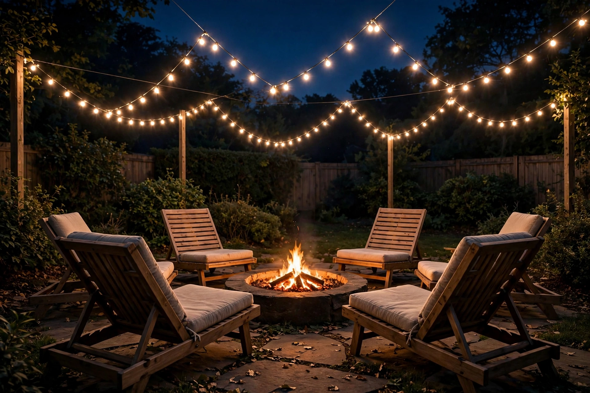 Fire pit seating area ideas with overhead string lights above a glowing fire pit at night
