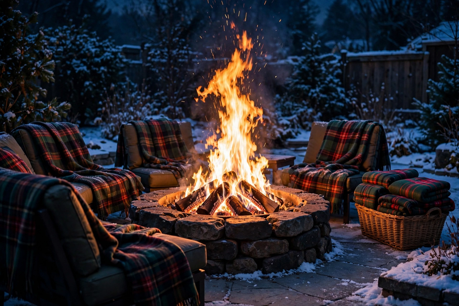 Winter fire pit seating area with blankets on chairs around a large wood fire at night