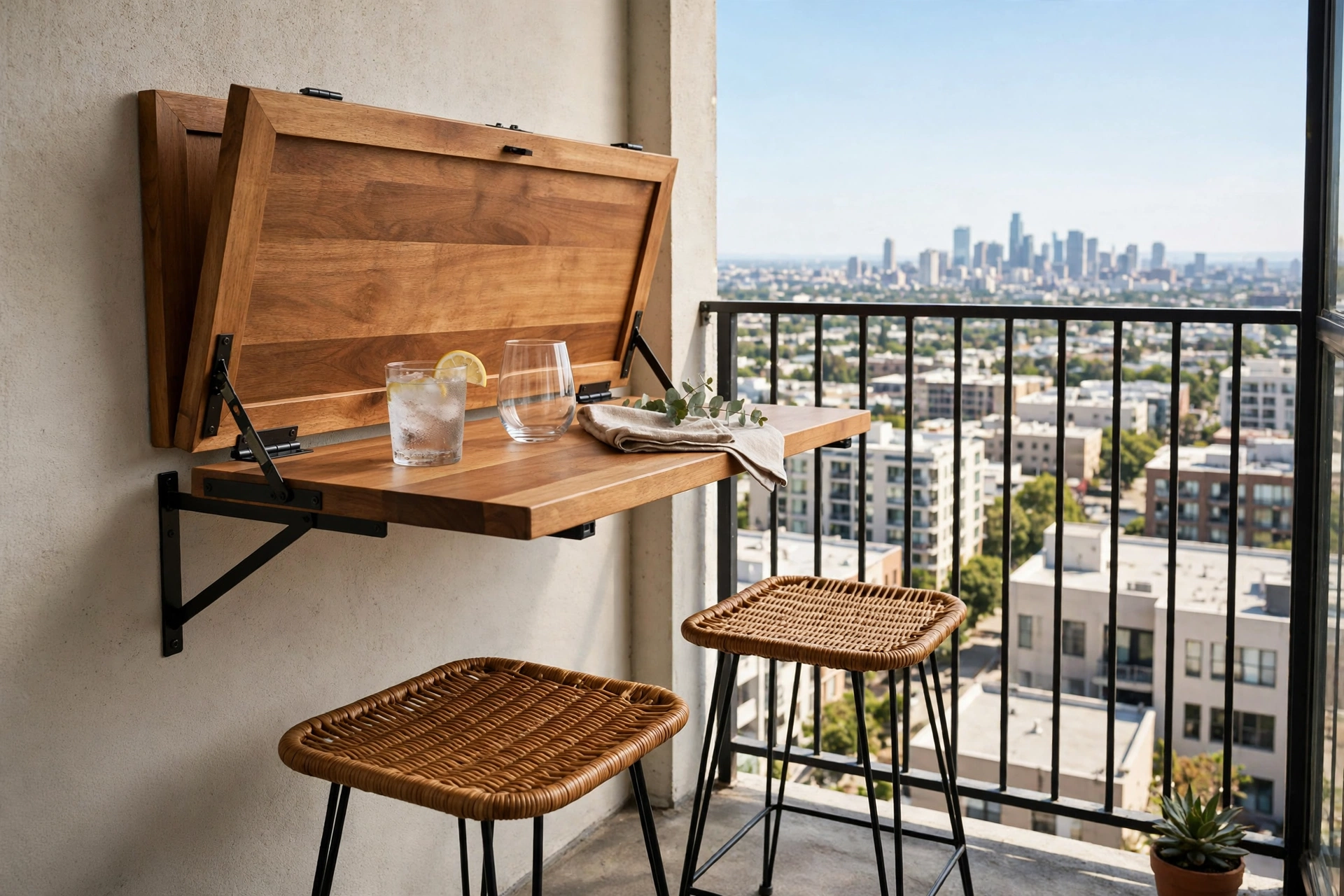 Fold-down wall-mounted bar opened on a small patio wall with stools