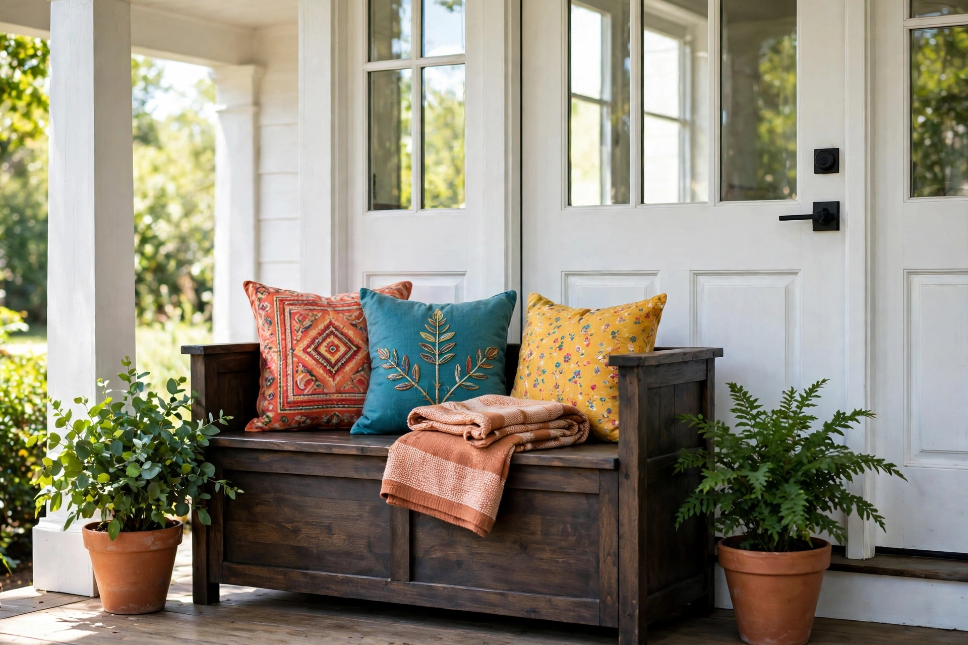 Front porch entryway bench with storage and colorful outdoor pillows