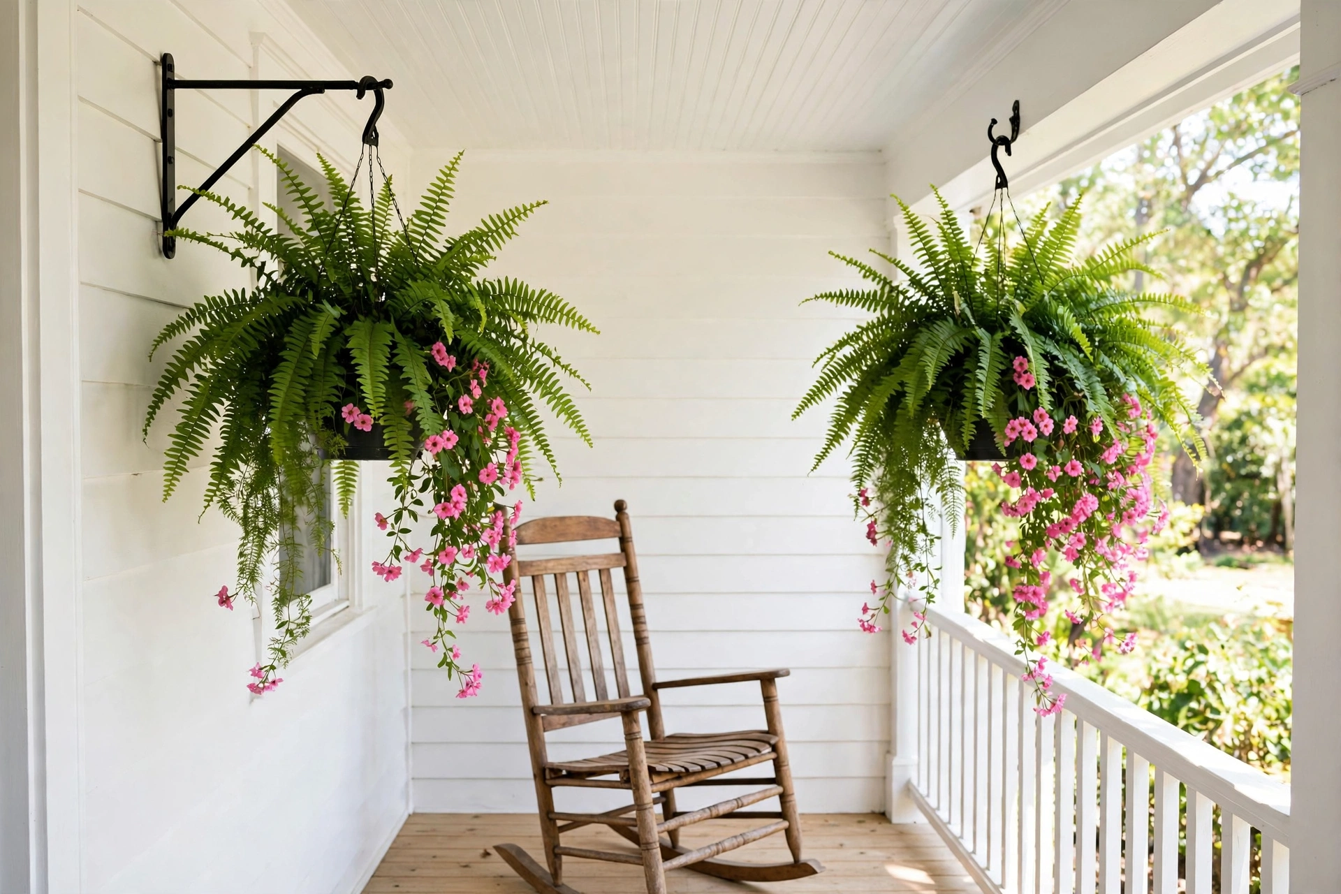 Hanging flower baskets with ferns on a front porch