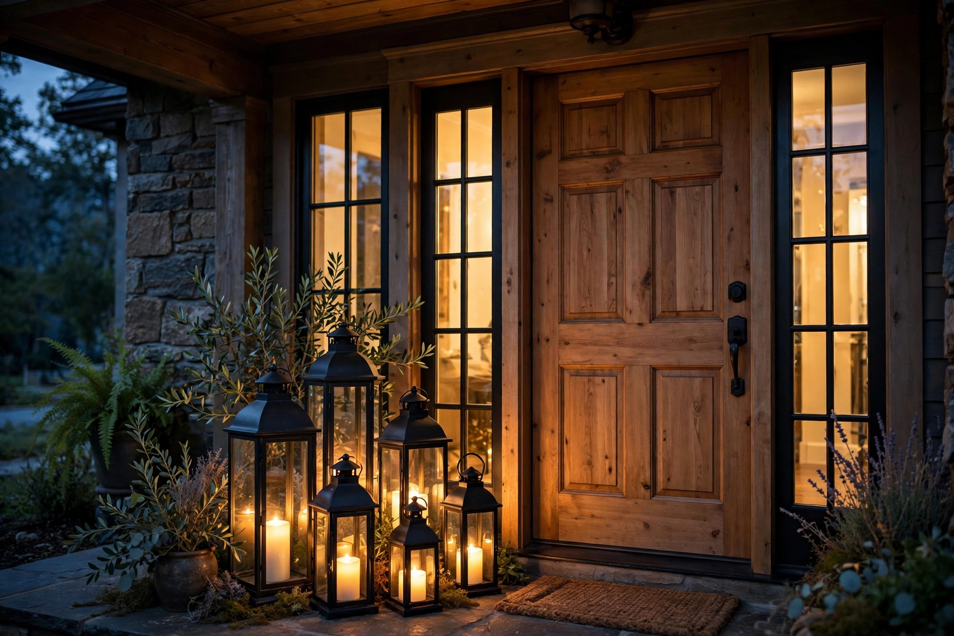 Front porch decor ideas with glowing lanterns by the entryway at dusk