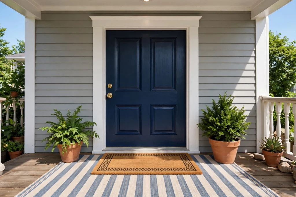 Front porch decor ideas with layered doormat over a patterned outdoor rug