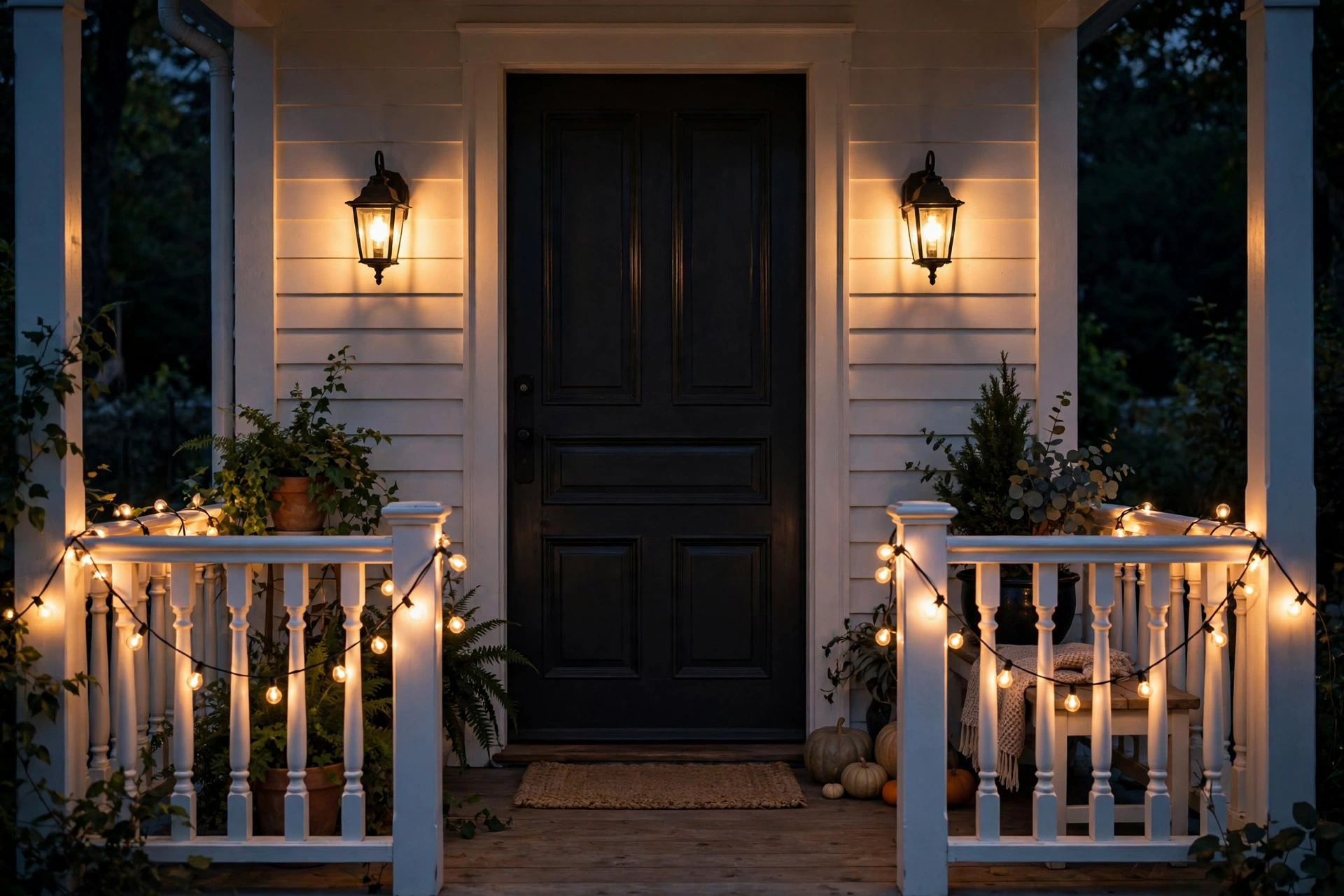 Front porch sconce lighting and cafe string lights glowing at night