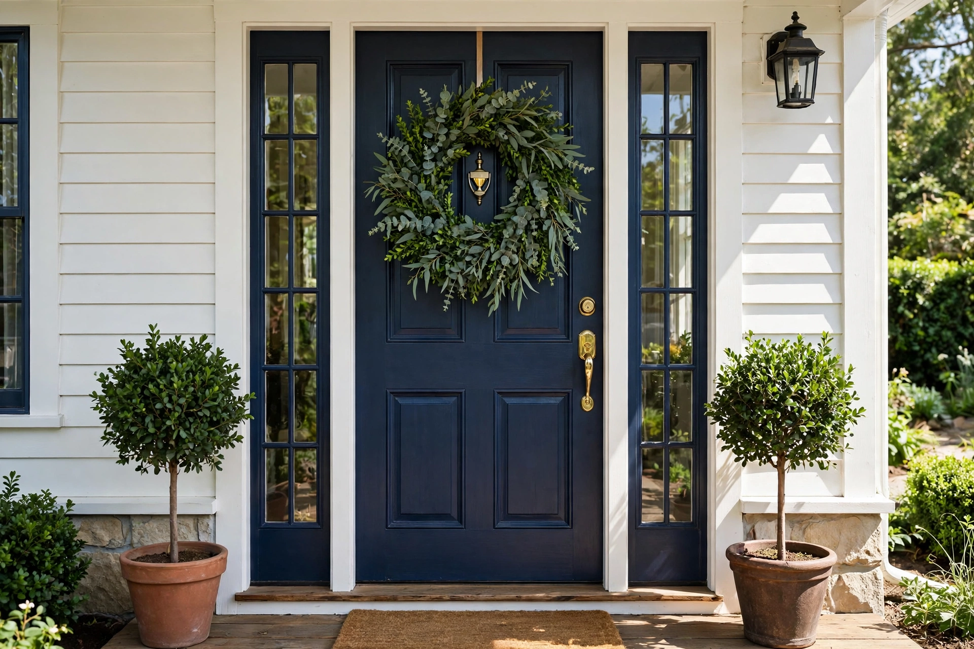 Front porch decor ideas with a statement wreath on a painted front door