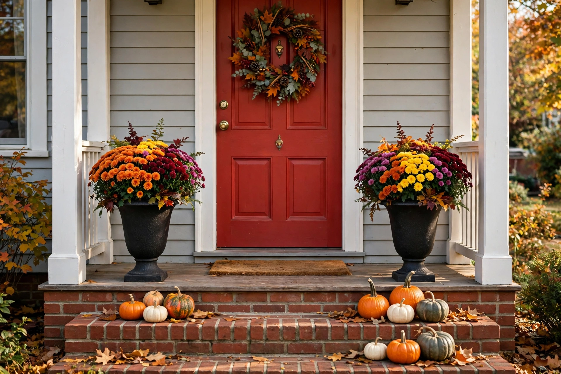 Front porch decor ideas with symmetrical planters flanking the front door