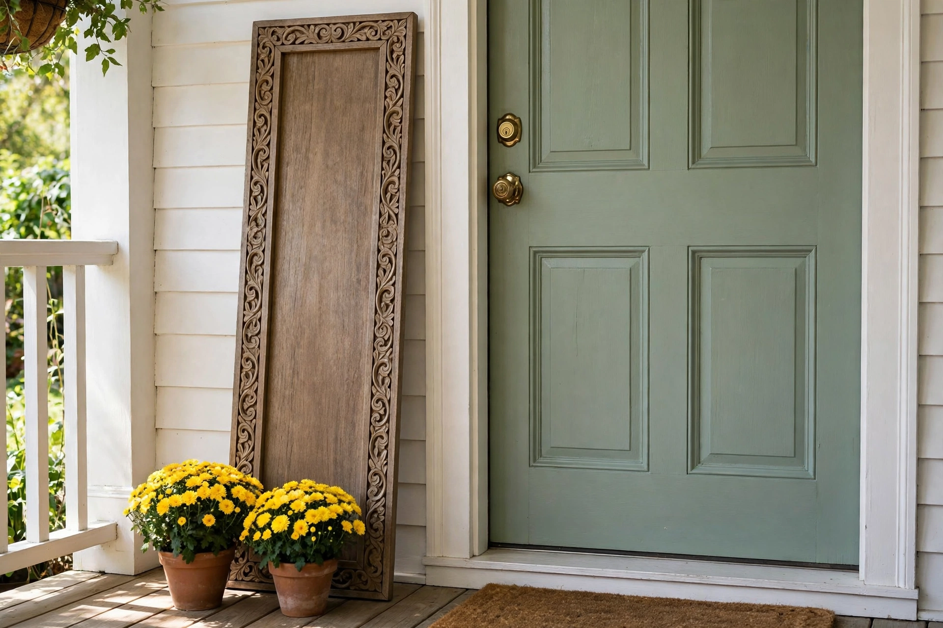 Decorative wooden welcome sign leaning beside a front porch door