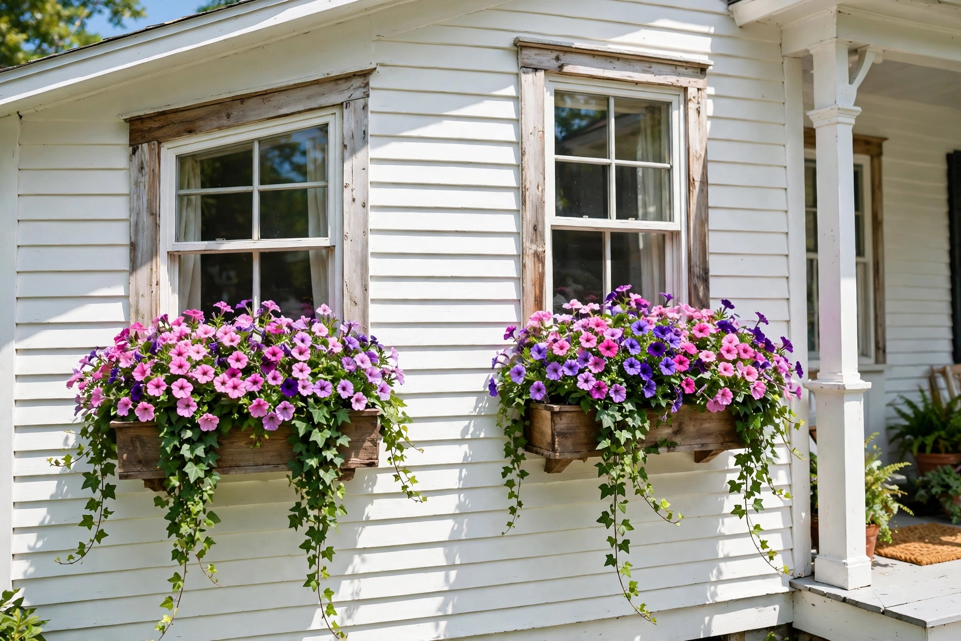 Window boxes with colorful flowers on a front porch