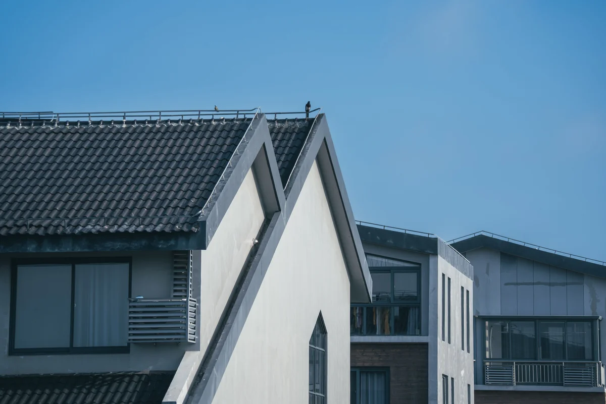 Modern gable roof house exteriors with dark rooflines