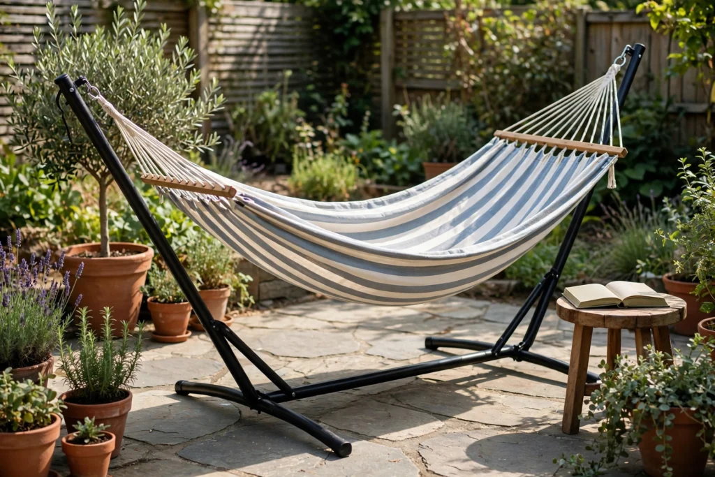 Striped hammock on a freestanding metal stand: a top pick among hammock ideas for patio lounging