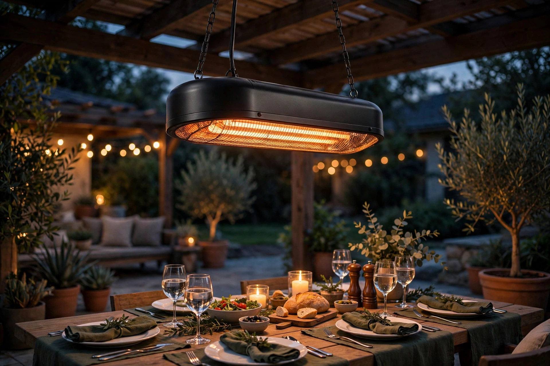 Hanging electric infrared pendant patio heater over a covered patio dining table