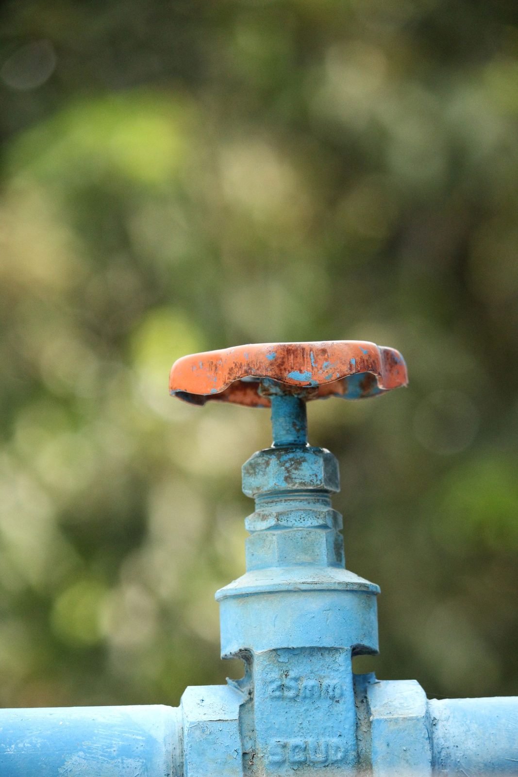 Outdoor water shut-off valve on a blue pipe