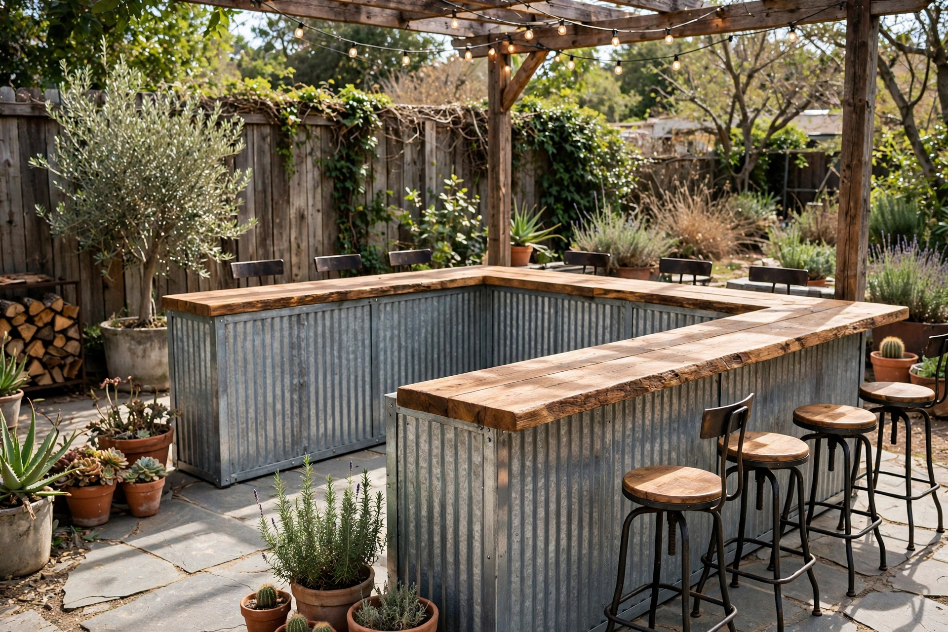 Outdoor patio bar ideas: L-shaped corrugated metal bar with wood countertop