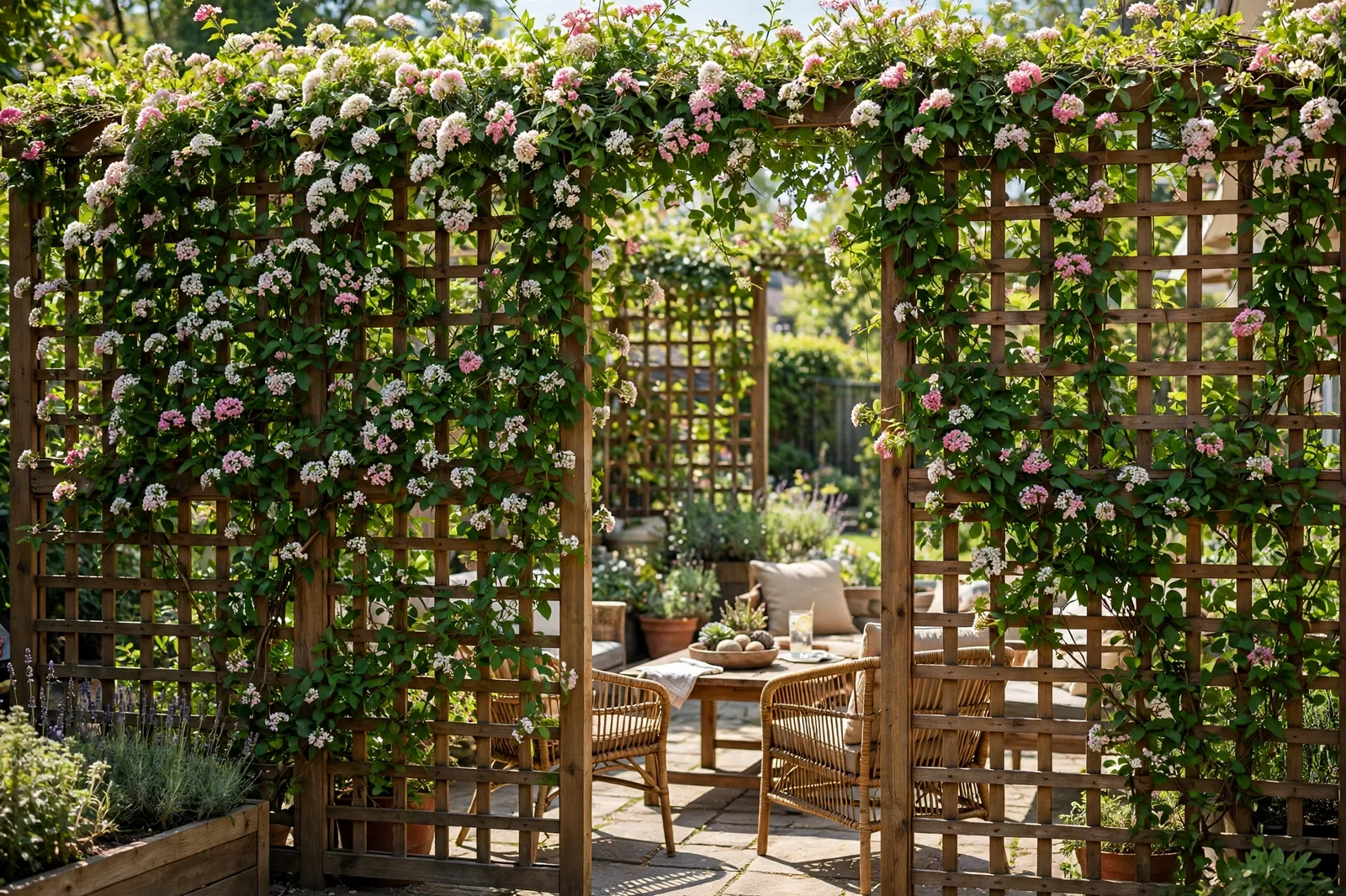 Patio privacy ideas with plants: wooden lattice panels covered with blooming climbing vines