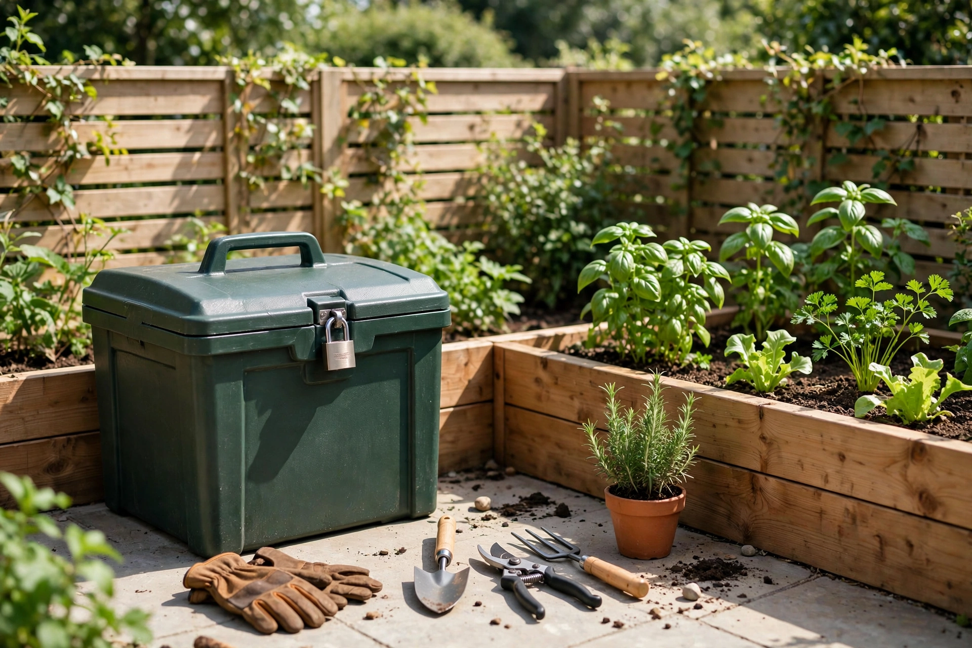 Lockable outdoor storage box beside raised garden beds holding gardening tools