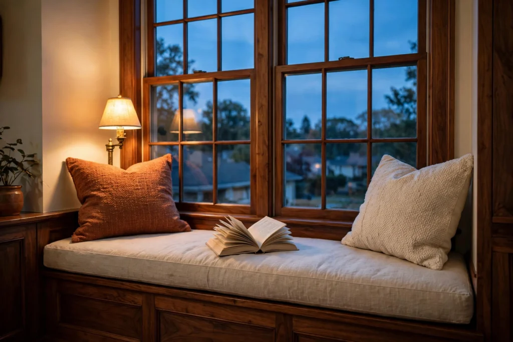Window seat reading nook with floor lamp glowing at dusk