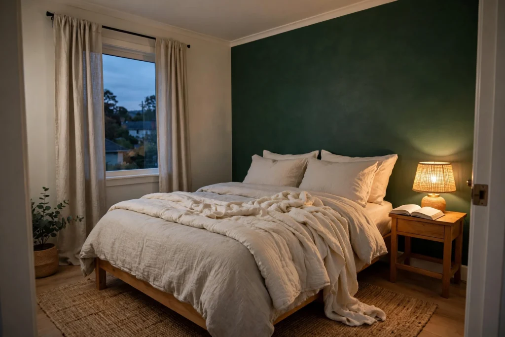 How to make a small bedroom feel cozy: layered bedding, warm lamplight, and deep green accent wall