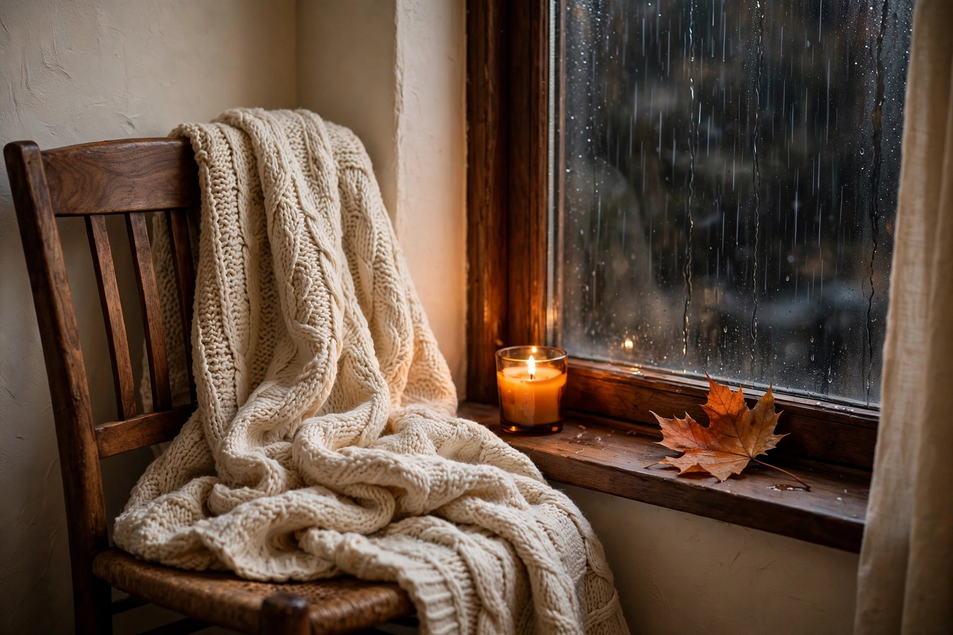 How to make a small bedroom feel cozy: autumn bedroom corner with candle and knit throw