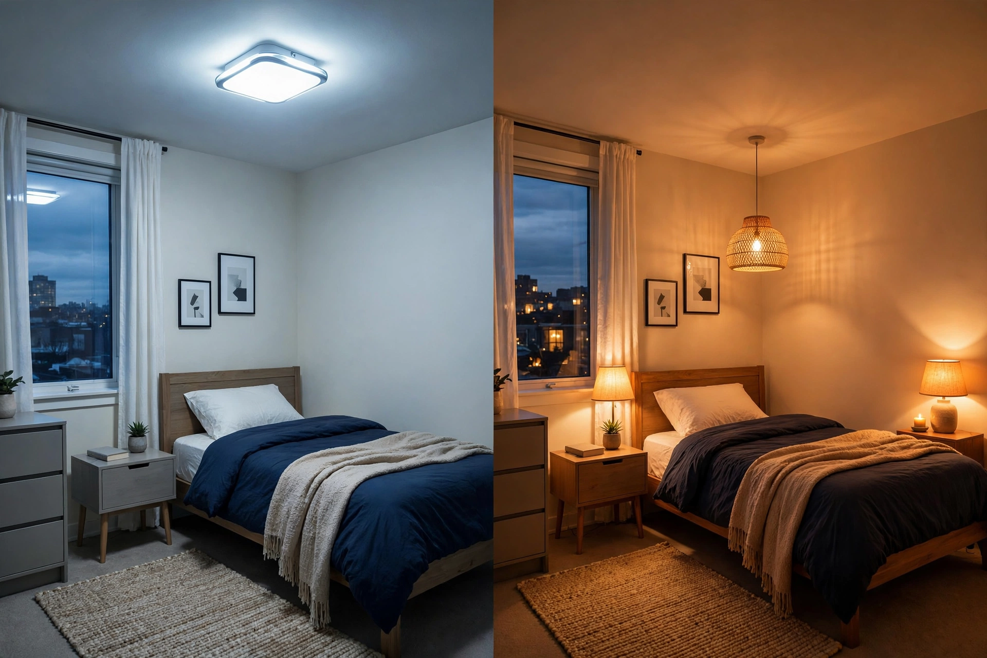 How to make a small bedroom feel cozy: warm 2700K lighting versus cool white comparison