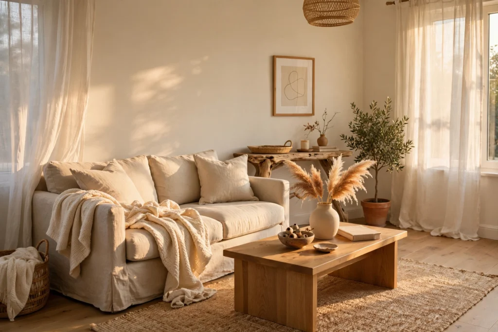 Living room painted in Shoji White by Sherwin Williams, warm white walls in afternoon light