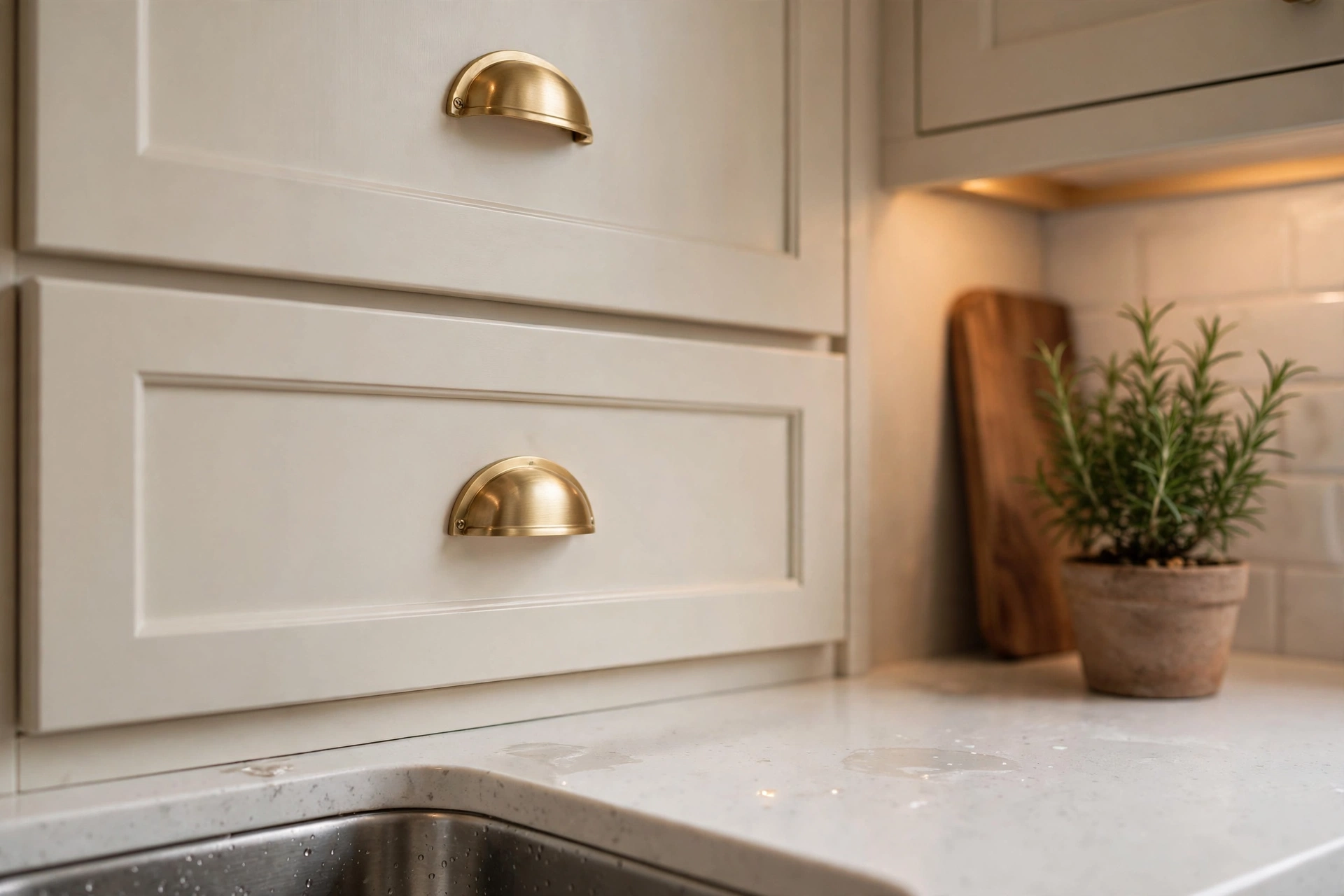 Shoji White kitchen cabinets with brass hardware close-up