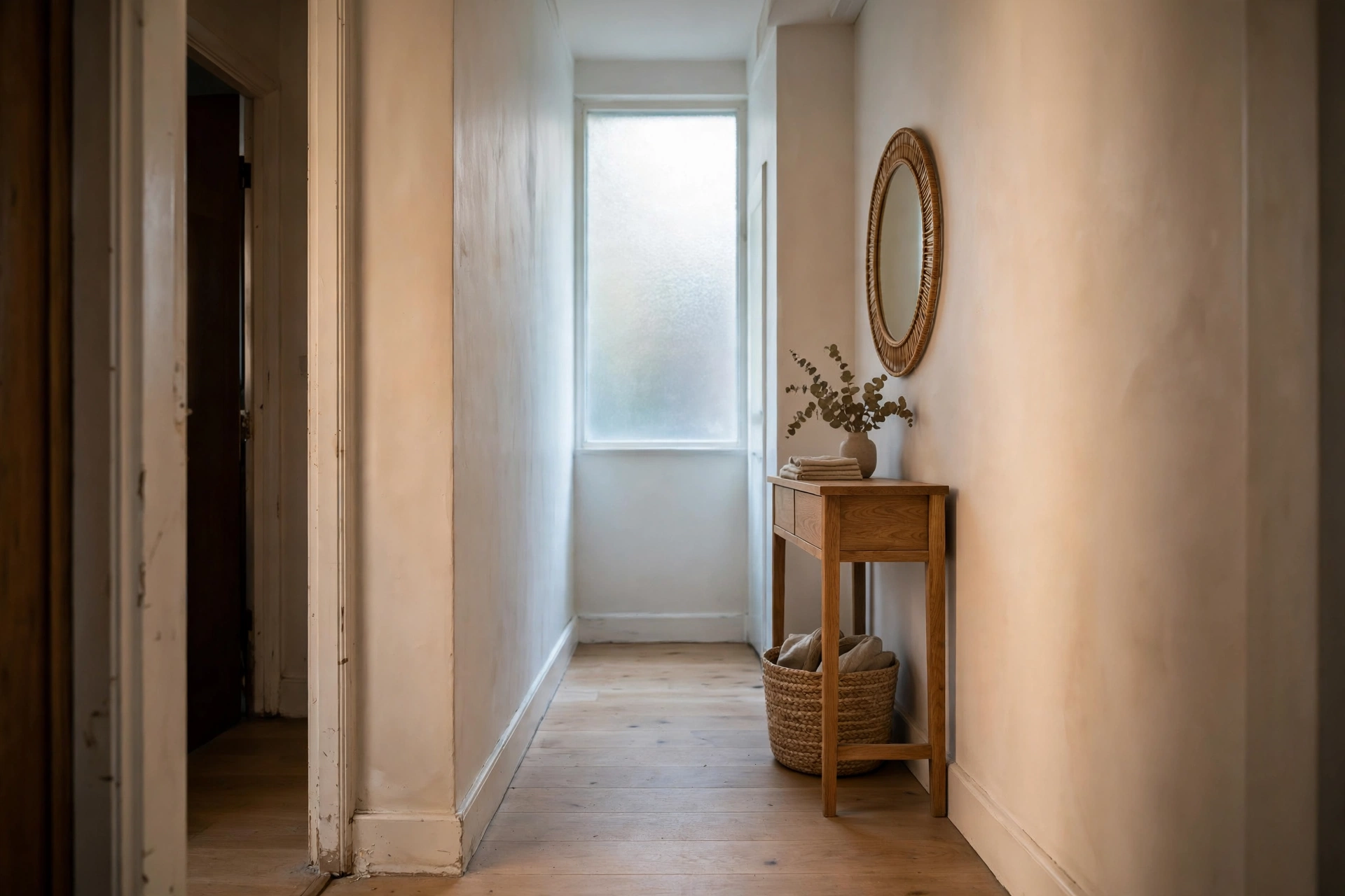 Shoji White walls in a north-facing hallway with warm glow