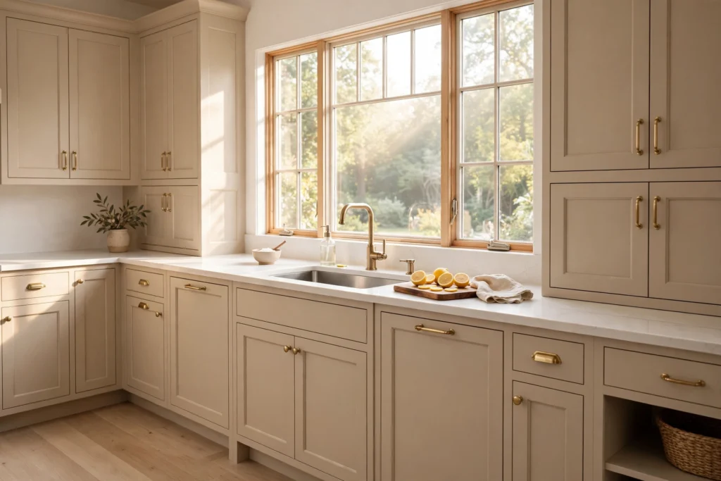 Edgecomb Gray Benjamin Moore kitchen cabinets in warm greige with brass hardware