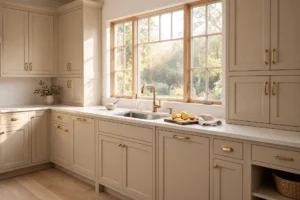 Edgecomb Gray Benjamin Moore kitchen cabinets in warm greige with brass hardware
