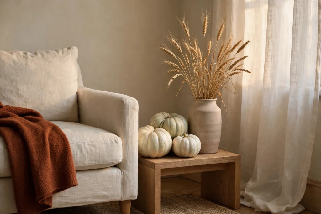 Tasteful fall decor ideas: neutral living room with heirloom pumpkins and wheat stems
