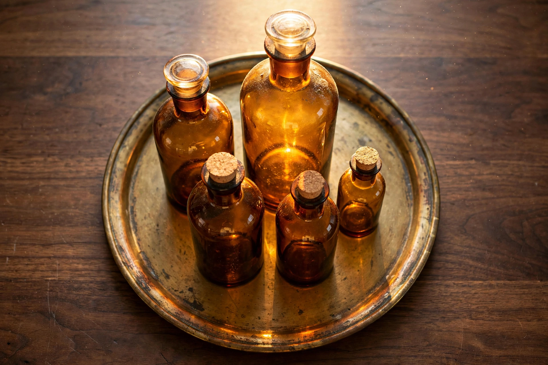 Tasteful fall decor ideas: amber glass bottle grouping for grown up fall decor