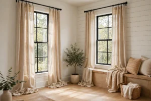 DIY drop cloth curtains in natural canvas on black rod in farmhouse living room