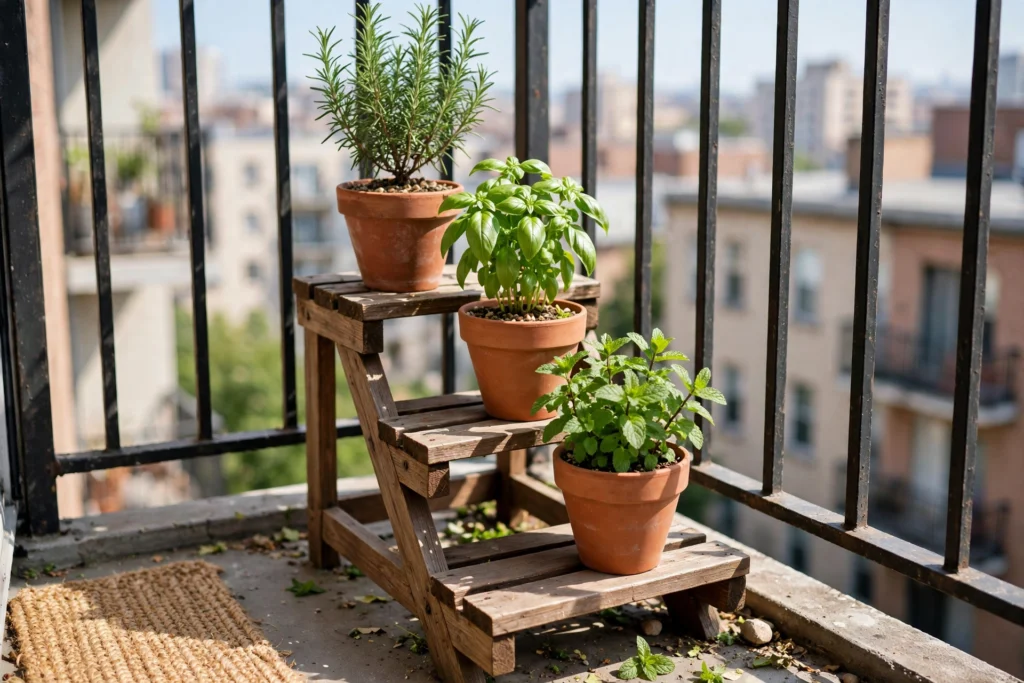 Mini herb garden on an apartment balcony — cozy balcony ideas for apartments
