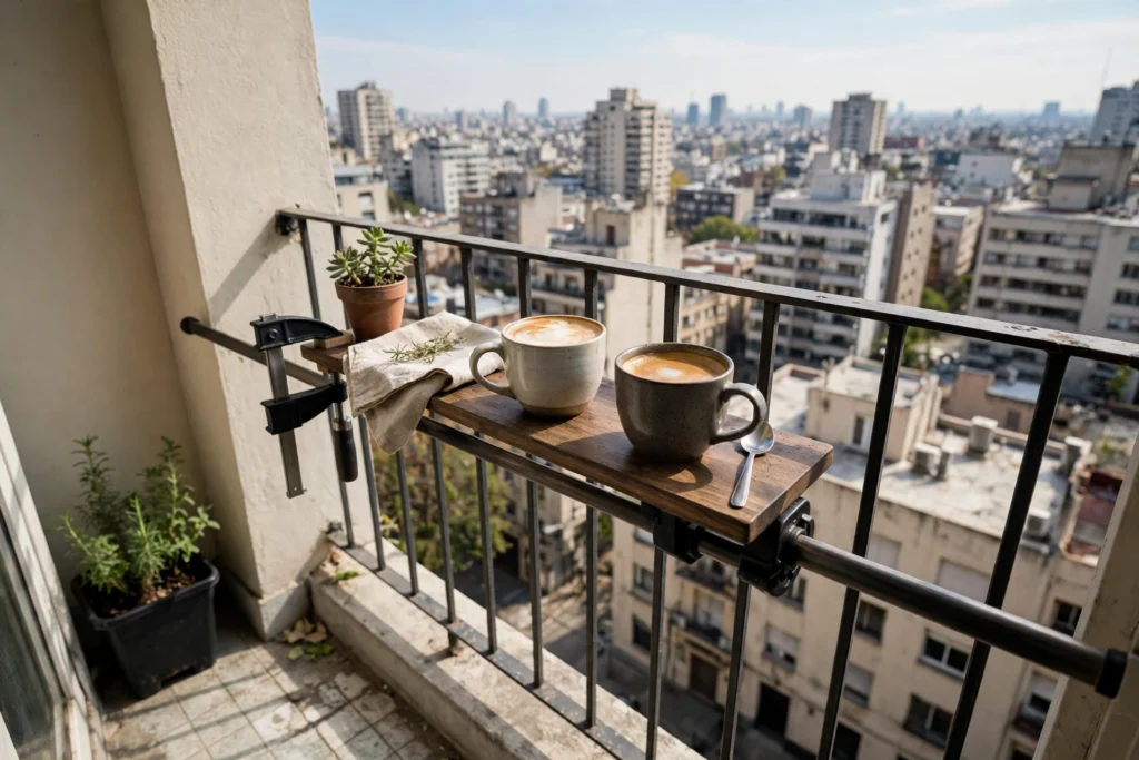 Clamp-on balcony railing bar table — cozy balcony ideas for apartments