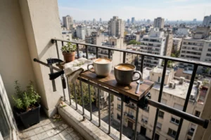 Clamp-on balcony railing bar table — cozy balcony ideas for apartments