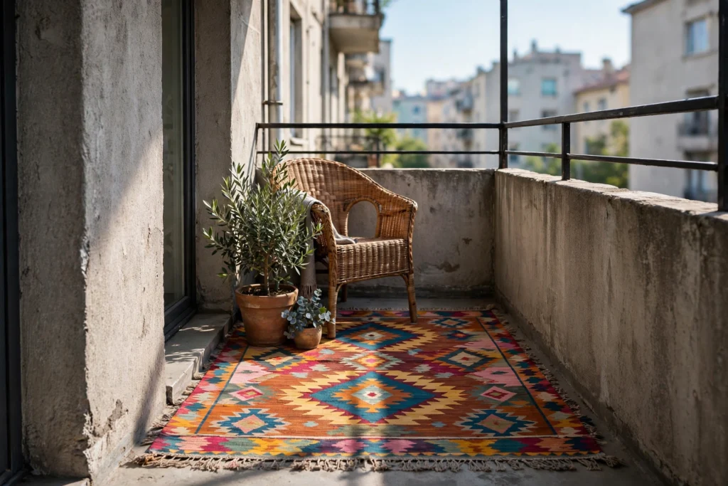 Outdoor rug defining a seating zone on an apartment balcony — cozy balcony ideas for apartments