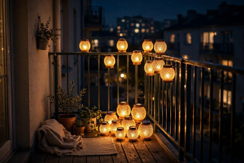 Solar lantern cluster lighting an apartment balcony at night — cozy balcony ideas for apartments