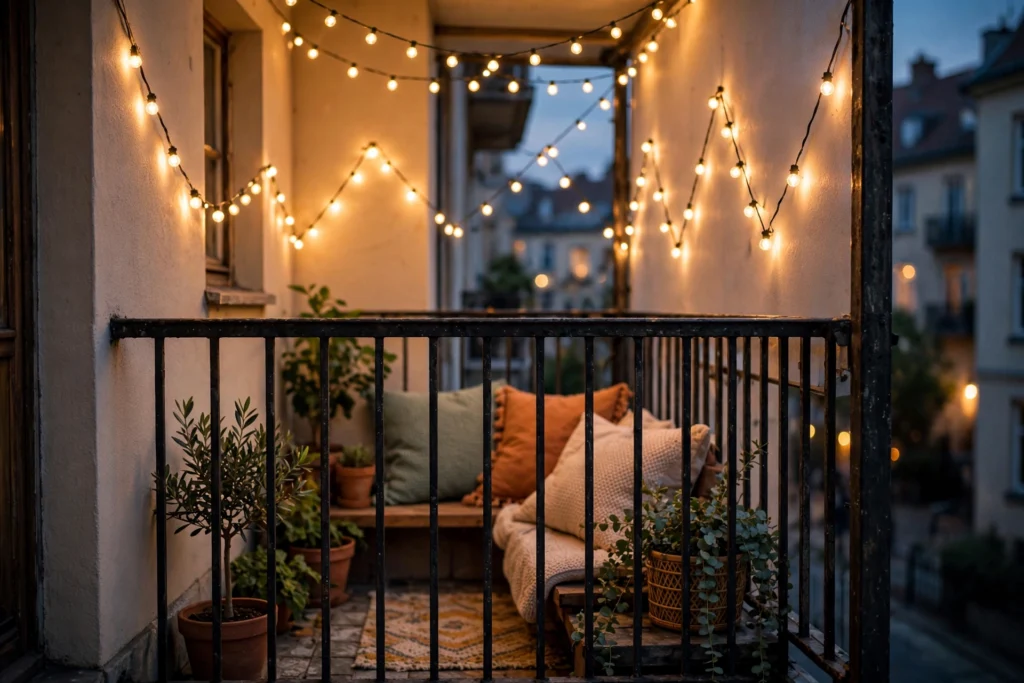 No-drill string lights over an apartment balcony at dusk — cozy balcony ideas for apartments