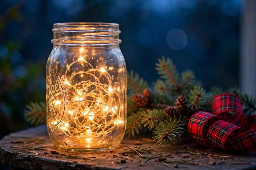Mason jar filled with warm fairy lights beside pine branches on porch table