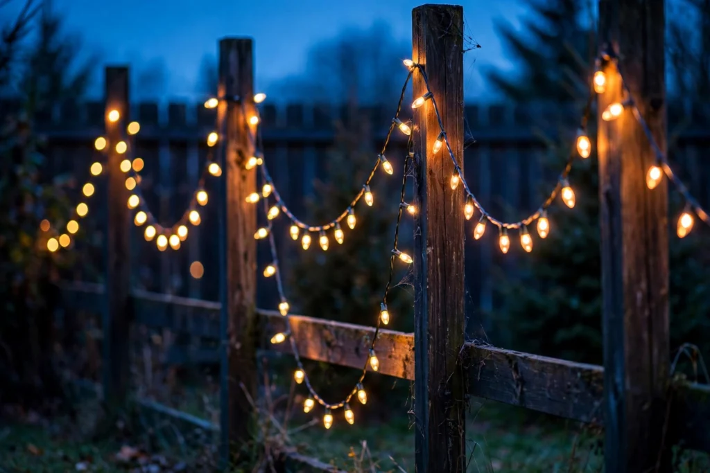Outdoor Christmas light ideas: warm white string lights swagged between wooden posts at dusk