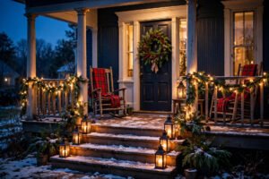 Cozy front porch decorated for Christmas with wreath, garlands, string lights and lanterns at dusk