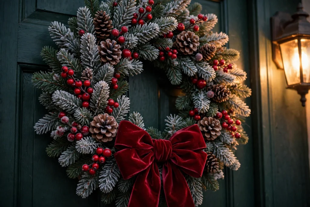 Christmas porch decor ideas: close-up of Christmas wreath with red berries and velvet bow on front door